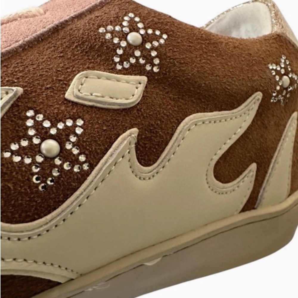 “Dopamine Gamin”Brown Suede Sneakers with Cream Flame Appliqué & Crystal Stars
